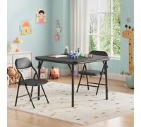 GarveeMore Juego De Mesa y 2 Sillas Plegables para Niños, Trío De Muebles Ligeros con Superficie De PU Cuero, Ideales para Comer, Manualidades y Aprender En Casa o Viaje, Negro