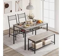 GarveeMore Juego De Mesa y 4 Sillas para Comedor, Mesa Rectangular con Estante para Vinos y Banco, 4 Piezas De Madera y Acero para Espacios Pequeños, Apartamento, Cocina, Gris