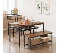 GarveeMore Juego De Mesa y 4 Sillas para Comedor, Mesa Rectangular con Estante para Vinos y Banco, 4 Piezas De Madera y Acero para Espacios Pequeños, Apartamento, Cocina, Marrón