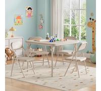 GarveeMore Juego de Mesa y 4 Sillas Plegables para Niños, Cinco Piezas de Muebles Ligeros con Superficie de PU Cuero, Ideales para Comer, Manualidades y Aprender en Casa o Viaje, Beige