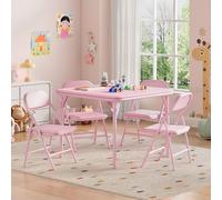 GarveeMore Juego de Mesa y 4 Sillas Plegables para Niños, Cinco Piezas de Muebles Ligeros con Superficie de PU Cuero, Ideales para Comer, Manualidades y Aprender en Casa o Viaje, Rosa