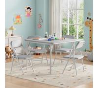 GarveeMore Juego de Mesa y 4 Sillas Plegables para Niños, Cinco Piezas de Muebles Ligeros con Superficie de PU Cuero, Ideales para Comer, Manualidades y Aprender en Casa o Viaje, Gris