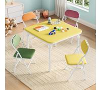 GarveeMore Juego de Mesa y 4 Sillas Plegables para Niños, Cinco Piezas de Muebles Ligeros con Superficie de PU Cuero, Ideales para Comer, Manualidades y Aprender en Casa o Viaje, Color