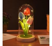 GarveeMore Lámpara de Tulipán en Campana de Cristal con LED, Tulipán Eterno Decoración Hogar, Regalo Romántico San Valentín, Aniversario, Luz Nocturna, Blanco Cálido - Rojo + Rosa + Azul