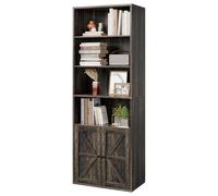 GarveeMore Librería Alta con Puertas de Estilo Granero, Estantería Rústica con 4 Niveles Abiertos y Armario, para Oficina, Estudio, Salón y Dormitorio, Color Roble, 60x30x181cm