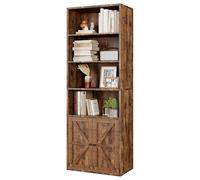 GarveeMore Librería Alta con Puertas de Estilo Granero, Estantería Rústica con 4 Niveles Abiertos y Armario, para Oficina, Estudio, Salón y Dormitorio, Color Vintage, 60x30x181cm