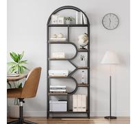 GarveeMore Librería Estantería Decorativa con Marco Metálico en Arco, Diseño Moderno y Múltiples Niveles, para Salón, Dormitorio y Oficina, Estantería de Almacenamiento en Negro, 76x30x208cm
