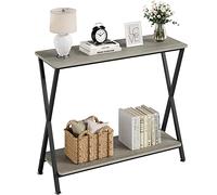 GarveeMore Mesa Consola Estrecha de 2 Niveles, con Marco de Metal Negro y Acabado de Madera, para Recibidor, Sala y Pasillo, Color Gris, 80×30×81cm