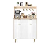 GarveeMore Mueble Auxiliar para Comedor y Bar de Café, Buffet con Estante Abierto, Ganchos para Tazas, 2 Cajones y 2 Puertas, para Cocina, Blanco, 80x40x123cm