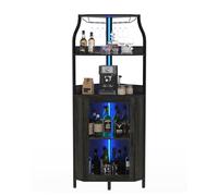 GarveeMore Mueble Bar Moderno de MDF Curvado para vinos - 4 estantes y Vitrina Independiente con Puerta de cristalino - Luces LED integradas, portabotellas y Estante para Copas - Fácil de Limpiar,