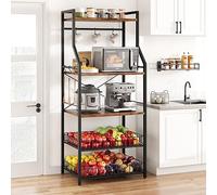 GarveeMore Mueble microondas Cocina con Gran Capacidad,Estantería 5 Niveles para Microondas de Cocina,con 6 Ganchos para Especias y Organizador de Ollas,60 * 40 * 146 cm(Color Retro)