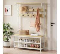 GarveeMore Perchero árbol industrial para recibidor con banco zapatero y estante doble - 8 ganchos, barra para colgar, estructura robusta y madera lacada - Organizador de entrada - Color madera blanca