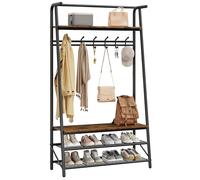 GarveeMore Perchero Zapatero 4 en 1 con EstanteríasPerchero Zapatero 4 en 1 con Estanterías y Ganchos - Organizador para Entrada, Estructura Metálica Acabado Madera, Banco para Calzarse, Fácil Montaje