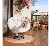 GarveeMore Sillón Papasan de Ratán con Cojín Grueso y Cómodo, Estructura de Acero Estable y Giro 360°, Ergonómico, Acogedor y Relajante para Salón, Dormitorio, Rincón de Lectura o Terraza, Beige