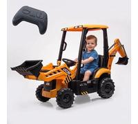 GarveeMore Tractor eléctrico infantil 4 en 1 con control remoto, cargador frontal, bocina y toldo desmontable - Vehículo transformable de 12V para niños - Juguete seguro y multifunción, color amarillo