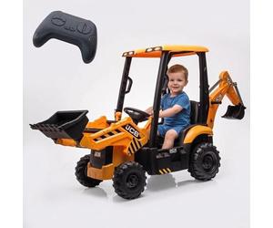 GarveeMore Tractor eléctrico infantil 4 en 1 con control remoto, cargador frontal, bocina y toldo desmontable - Vehículo transformable de 12V para niños - Juguete seguro y multifunción, color amarillo