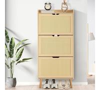 GarveeMore Zapatero con 3 Cajones Abatibles, Paneles De Rattan y Patas De Madera, Diseño Antivuelco, Gran Capacidad, Color Madera Natural, para Entrada y Pasillo, 60×24×135 cm