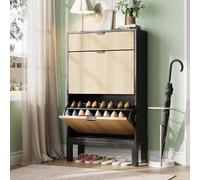 GarveeMore Zapatero De Entrada Recibidor con Cajones Abatibles, Perchero Zapatero Multifuncional para Recibidor, Organizador De Zapatos para Entrada, 61×24×105 cm, Negro y Natural