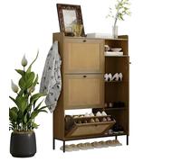 GarveeMore Zapatero Estrecho De Madera con 3 Cajones Abatibles y Estante Lateral Abierto, Mueble Recibidor con Diseño De Ratán Natural y Patas Metálicas para Zapatos, Pasillo o Entrada
