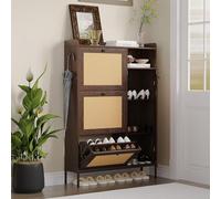 GarveeMore Zapatero Estrecho de Madera con 3 Cajones Volcables y Puertas de Ratán, Armario de Entrada de 3 Niveles con Amplio Espacio para Botas Largas y Tacones Altos, Patas Metálicas Altas, Color Ce