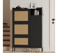 GarveeMore Zapatero Estrecho de Madera con 3 Cajones Volcables y Puertas de Ratán, Armario de Entrada de 3 Niveles con Amplio Espacio para Botas Largas y Tacones Altos, Patas Metálicas Altas, Color Ne