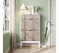 GarveeMore Zapatero Estrecho de Madera - Zapatero Volcable con 2 Puertas y 1 Cajón - Decoración con Patrón Ondulado - con Manijas Metálicas - Ideal para Entrada, Pasillo y Recibidor - Blanco & Gris