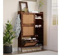 GarveeMore Zapatero Vintage de Madera con Diseño de Puertas de Ratán, 3 Cajones Volcables y Armario de Entrada de 3 Niveles, Capacidad para Todo Tipo de Calzado, Patas Metálicas Altas, Color Vintage