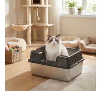 GarveeTech Caja de arena para gatos XXL, de acero inoxidable, con borde alto y accesorio para recoger la suciedad, olor neutro y a prueba de fugas, ideal para gatos grandes o hogares de varios gatos