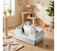 GarveeTech Caja de arena XXL de acero inoxidable para gatos, con borde alto y accesorio para recoger la suciedad, olor neutro y a prueba de fugas, ideal para gatos grandes o casas múltiples, 50 x 35 x