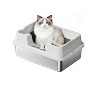 GarveeTech Caja de arena XXL de acero inoxidable para gatos, con borde alto y accesorio para recoger la suciedad, olor neutro y a prueba de fugas, ideal para gatos grandes o casas múltiples, 50 x 35 x