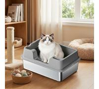 GarveeTech Caja de arena XXL de acero inoxidable para gatos, con borde alto y accesorio para recoger la suciedad, olor neutro y a prueba de fugas, ideal para gatos grandes o hogares de varios gatos