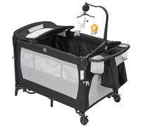 GarveeTech Cuna de viaje plegable 5 en 1 para bebé - Con ruedas, colchón, cambiador, música, móvil y bolsa de transporte - Ajuste de 2 niveles, moisés y parque infantil hasta 15 kg - Color negro