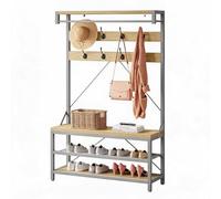 GarveeTech Organizador multifuncional de entrada - Perchero columna con banco zapatero y 2 estantes, 8 ganchos y barra, estructura metálica robusta, ideal para pasillo, recibidor o vestíbulo - Acabado