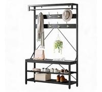 GarveeTech Organizador Multifuncional de Entrada - Perchero Columna Industrial de pie con Banco, estantes zapateros, 8 Ganchos y Barra colgadora, Estructura metálica Resistente, Ideal para Entrada o