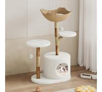 GarveeTech Rascador de madera, rascador natural de madera maciza con cueva de 73 x 44 x 109 cm, plataforma XXL para dormir y pelotas de juego, moderno mueble para gatos en diseño bohemio para gatos