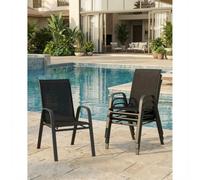 GarveeTech Set de 4 Sillas Apilables de Jardín, Respaldo Alto y Reposabrazos, Estructura Metálica y Textilene Transpirable, Ideales para Patio, Terraza y Balcón, Cómodas y Resistentes, Color Negro