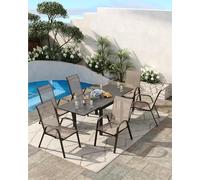 GarveeTech Set de 4 Sillas Apilables de Jardín, Respaldo Alto y Reposabrazos, Estructura Metálica y Textilene Transpirable, Ideales para Patio, Terraza y Balcón, Cómodas y Resistentes, Color Marrón