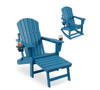 GarveeTech Silla Mecedora Adirondack Plegable para Patio y jardín - Reclinable, reposapiés extraíble y 2 portavasos - HDPE Resistente al Clima - Ideal para terraza y Porche - Color: Azul Océano