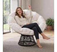 GarveeTech Silla Papasan Giratoria 360° de Ratán Sintético para Interior y Exterior - Sillón Relax Ergonómico con Cojín Grueso, Estructura de Acero Antióxido, para Jardín Terraza Balcón Salón, Blanco