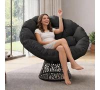 GarveeTech Silla Papasan Giratoria 360° de Ratán Sintético para Interior y Exterior - Sillón Relax Ergonómico con Cojín Grueso, Estructura de Acero Antióxido, para Jardín Terraza Balcón Salón, Gris