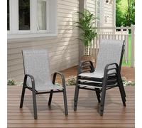 GarveeTech Sillas de Jardín Apilables para Patio,Respaldo Alto con Reposabrazos,Estructura Metálica y Textilene Transpirable,Cómodas y Resistentes,Juego de 4,para Terraza,Balcón y Césped,Color Gris