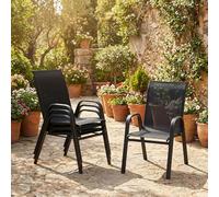 GarveeTech Sillas de Jardín Apilables para Patio,Respaldo Alto con Reposabrazos, Estructura Metálica y Textilene Transpirable,Cómodas y Resistentes,Juego de 4,para Terraza,Balcón y Césped, Color Negro