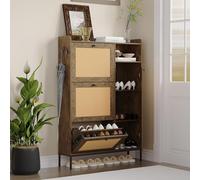 GarveeTech Zapatero de ratán, zapatero con 3 cajones plegables, 1 puerta y compartimento abierto, zapatero estrecho de madera con patas metálicas, zapatero para entrada, salón, pasillo 90 x 24 x 131