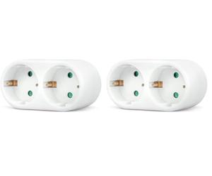 Garza - Adaptador Doble Frontal, (2 Tomas Schuko) | Ladrón Doble de enchufes con Toma de Tierra | Protección Infantil | Blanco (Paquete de 2)