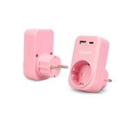 Garza - Adaptador Enchufe 3 en 1 con 1 Toma Schuko + 1 USB-A QC3.0 + 1 USB-C PD20W, Carga Rápida 20W, Protección Infantil, 3680W, Portátil y Seguro - Rosa