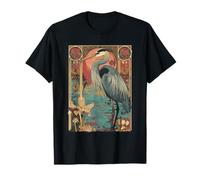 Garza con Puesta de Sol y Floral Art Nouveau Grúa Bird Camiseta