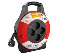 Garza - Enrollacables 10 m, 4 tomas con toma de tierra, doméstico 3G interior con protección infantil, sobretensión y sobrecalentamiento, tambor eléctrico enrollable, color rojo y negro, IP20