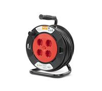 Garza - Enrollacables 25 m, 4 tomas con toma de tierra, doméstico interior, protección infantil, sobretensión y sobrecalentamiento, tambor eléctrico enrollable, rojo y negro, IP20, garantía 3 años