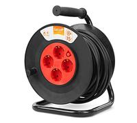 Garza Power - Enrollacables Brico de 25 metros , 4 tomas Schuko, Negro / Rojo