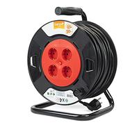 Garza Power - Enrollacables Brico de 50 Metros , 4 Tomas Schuko, Negro / Rojo